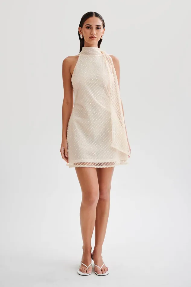 Women Meshki Dresses Aubriella Sequin Halter Mini Dress With Tie 8211 Buttercream