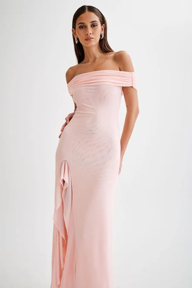 Women Meshki Dresses Audrey Off Shoulder Mesh Maxi Dress 8211 Pale Pink