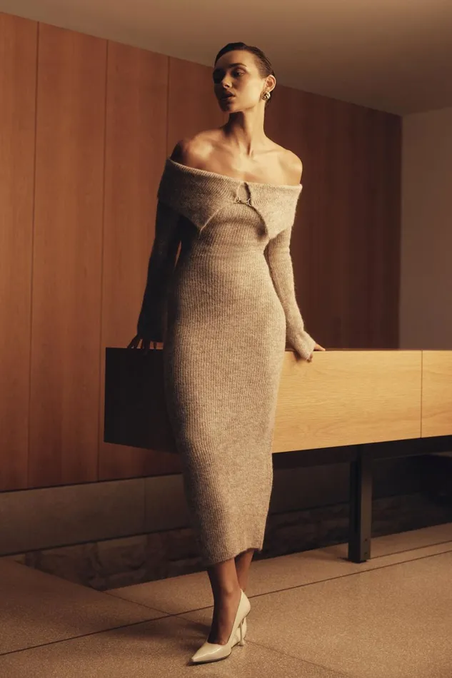 Women Meshki Dresses Baxter Off Shoulder Fluffy Knit Midi Dress 8211 Taupe Marle Women Meshki Dresses Baxter Off Shoulder Fluffy Knit Midi Dress 8211 Taupe Marle