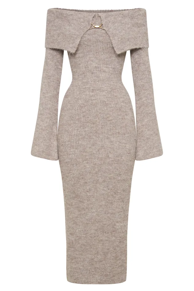 Women Meshki Dresses Baxter Off Shoulder Fluffy Knit Midi Dress 8211 Taupe Marle