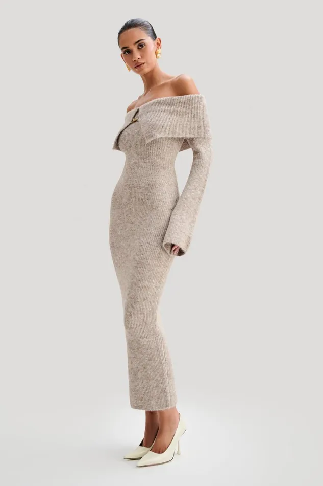 Women Meshki Dresses Baxter Off Shoulder Fluffy Knit Midi Dress 8211 Taupe Marle