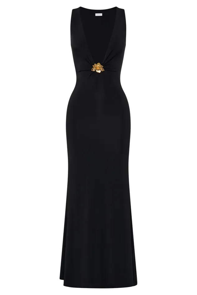 Women Meshki Dresses Beck Plunge Maxi Dress With Floral Hardware 8211 Black
