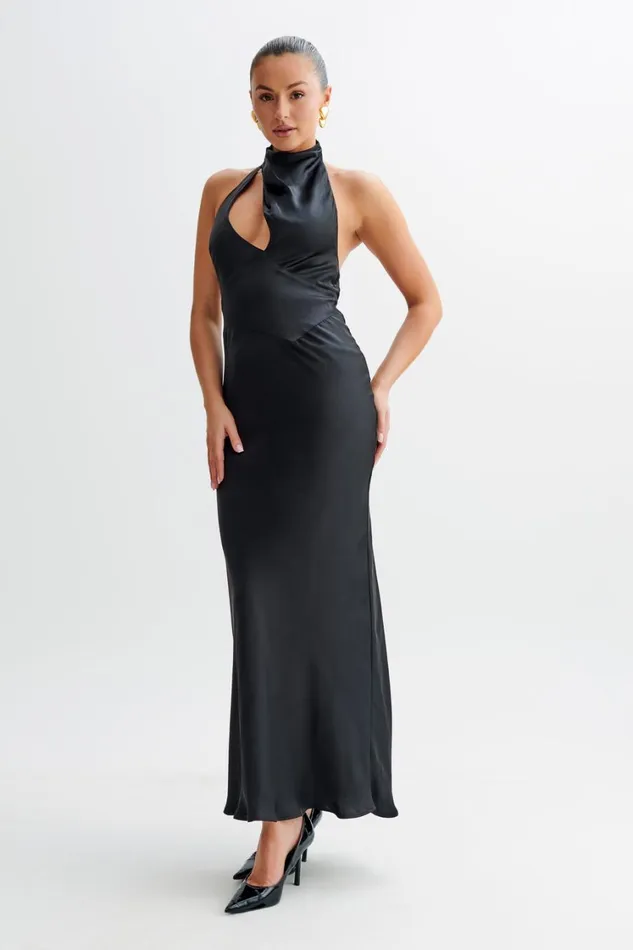 Women Meshki Dresses Belladonna Satin Halter Maxi Dress 8211 Black