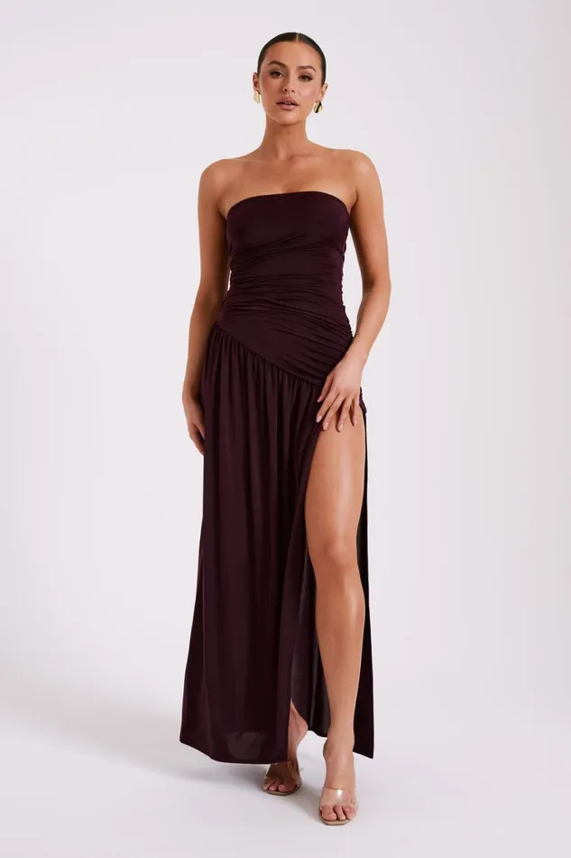 Women Meshki Dresses Bex Strapless Slinky Maxi Dress With Split 8211 Burgundy