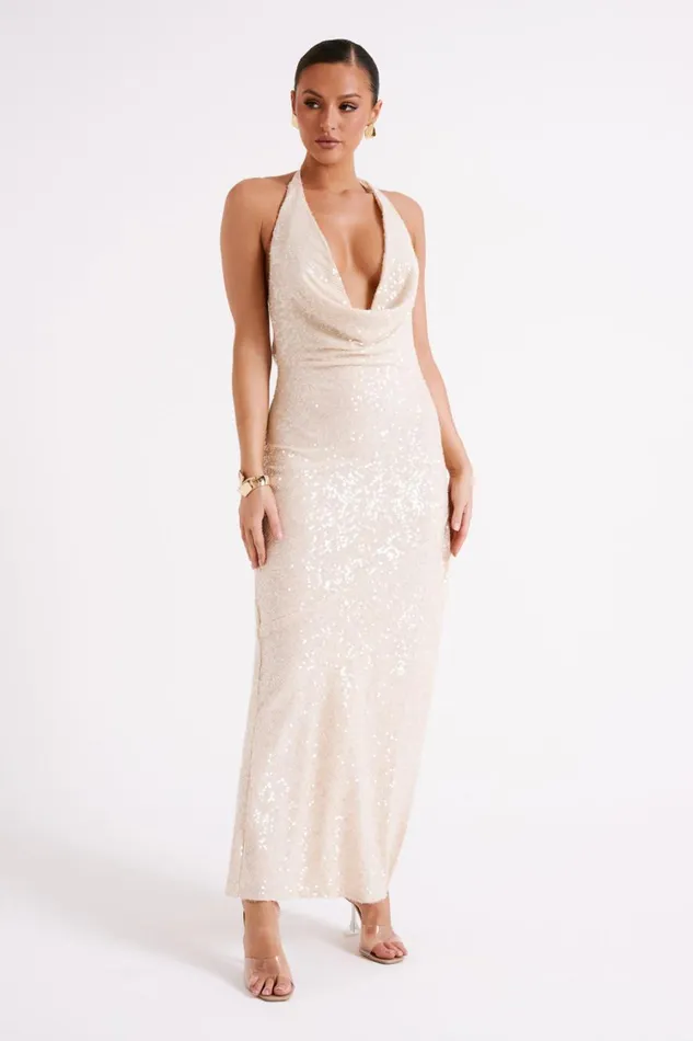 Women Meshki Dresses Blakely Halter Sequin Maxi Dress 8211 Cream
