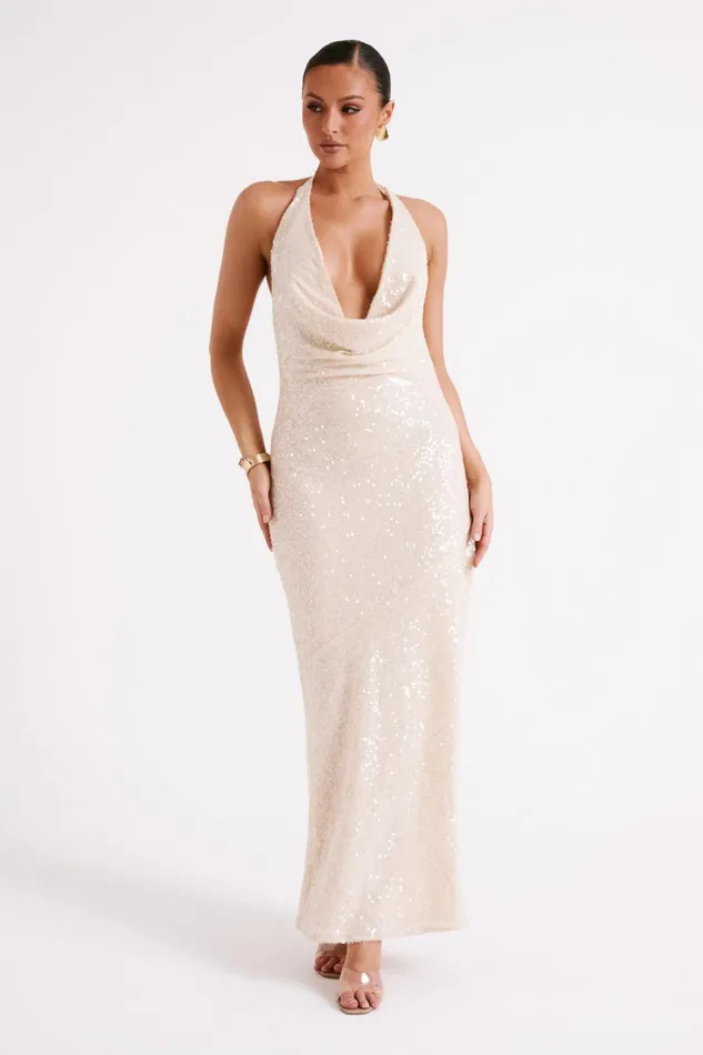 Women Meshki Dresses Blakely Halter Sequin Maxi Dress 8211 Cream