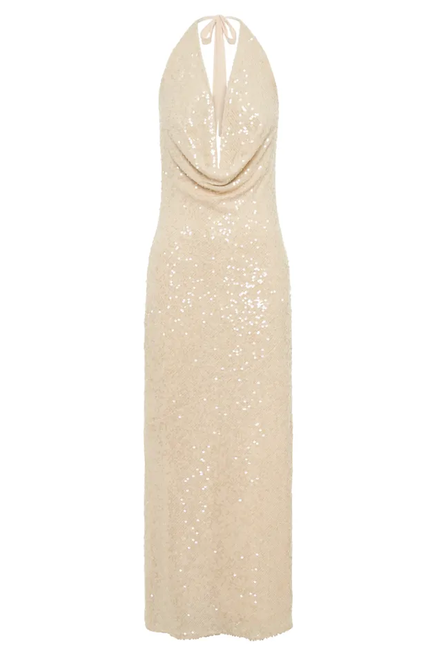 Women Meshki Dresses Blakely Halter Sequin Maxi Dress 8211 Cream