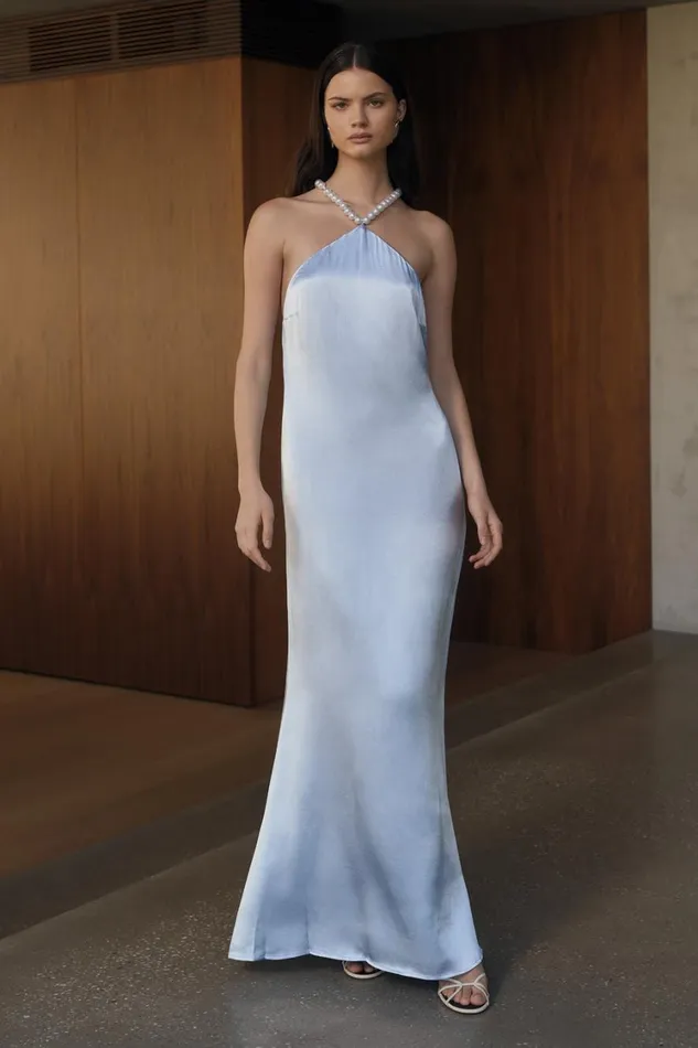Women Meshki Dresses Blanche Satin Pearl Halter Maxi Dress 8211 Cornflower Blue