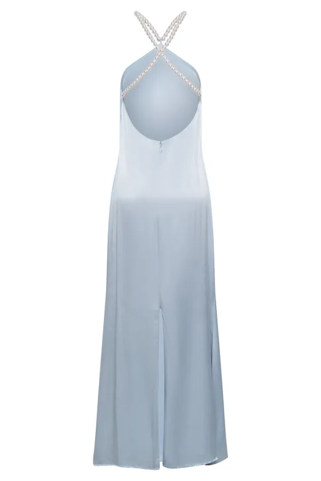Women Meshki Dresses Blanche Satin Pearl Halter Maxi Dress 8211 Cornflower Blue