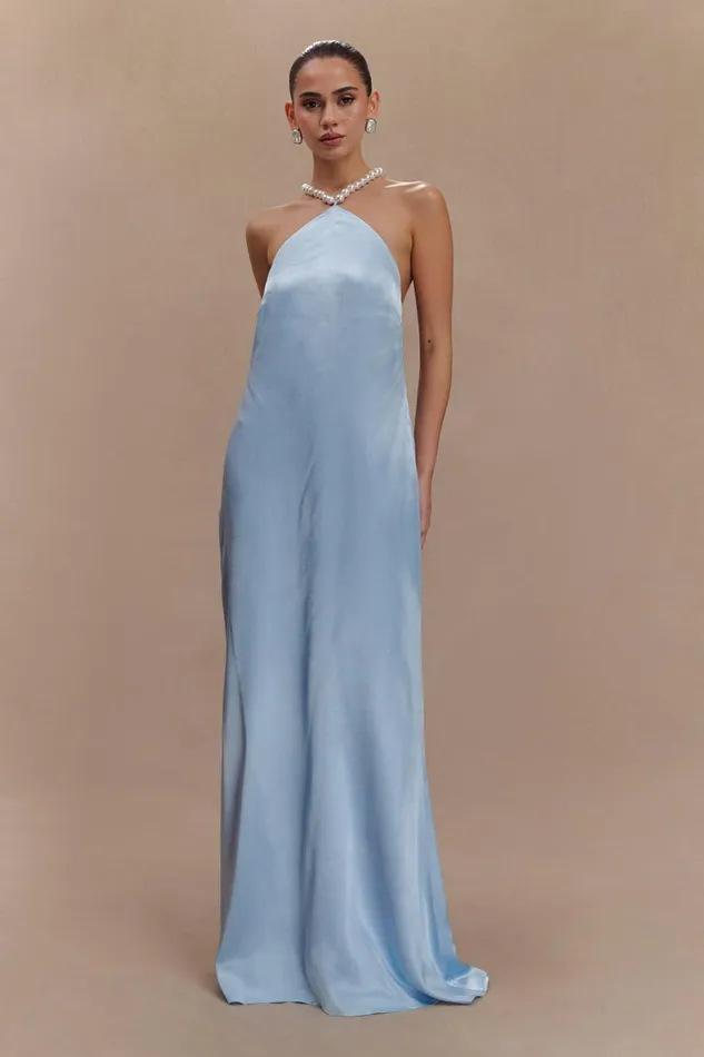 Women Meshki Dresses Blanche Satin Pearl Halter Maxi Dress 8211 Cornflower Blue