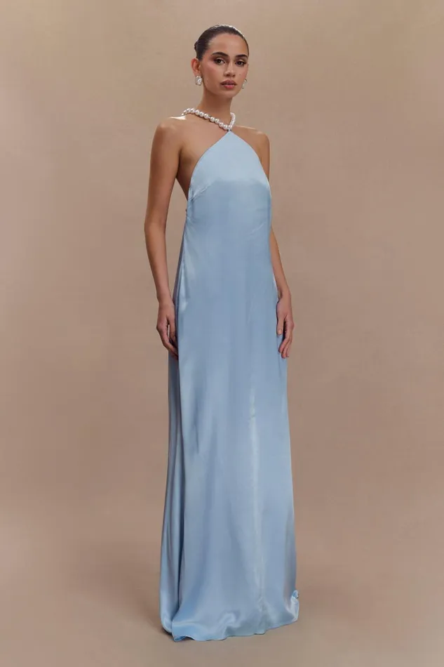 Women Meshki Dresses Blanche Satin Pearl Halter Maxi Dress 8211 Cornflower Blue