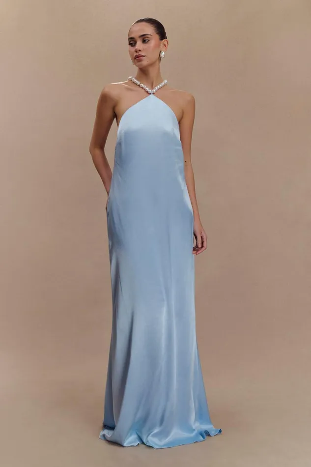 Women Meshki Dresses Blanche Satin Pearl Halter Maxi Dress 8211 Cornflower Blue