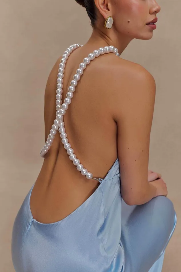 Women Meshki Dresses Blanche Satin Pearl Halter Maxi Dress 8211 Cornflower Blue