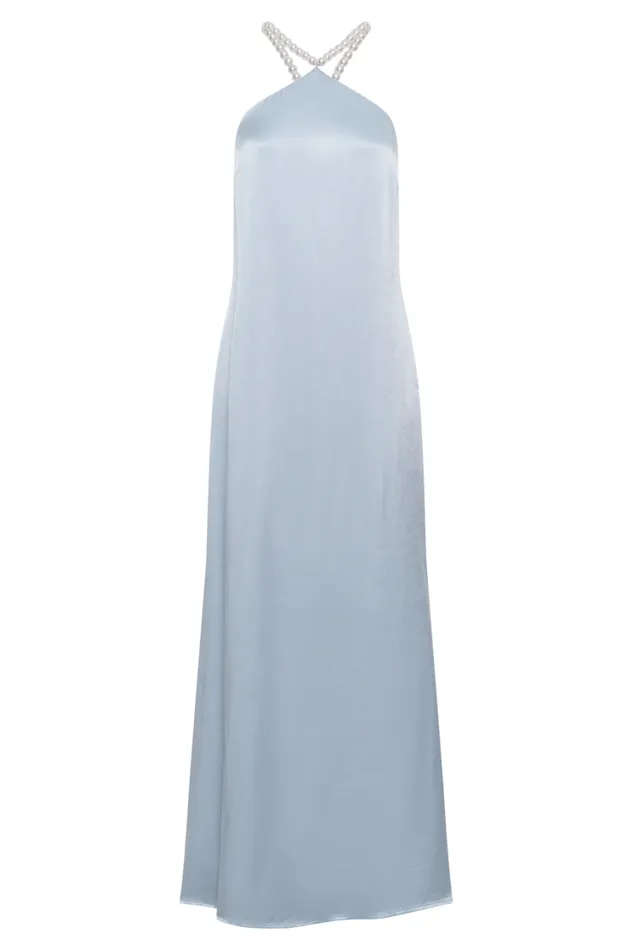 Women Meshki Dresses Blanche Satin Pearl Halter Maxi Dress 8211 Cornflower Blue