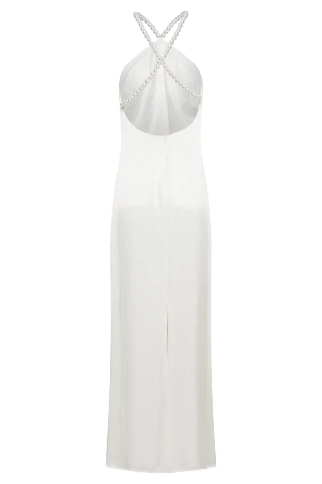 Women Meshki Dresses Blanche Satin Pearl Halter Maxi Dress 8211 White