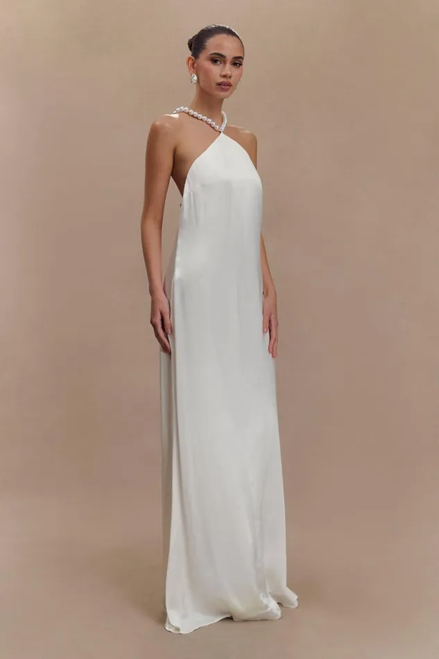 Women Meshki Dresses Blanche Satin Pearl Halter Maxi Dress 8211 White