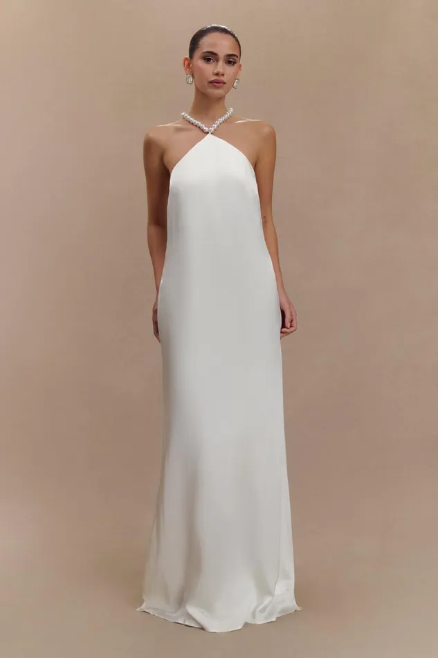 Women Meshki Dresses Blanche Satin Pearl Halter Maxi Dress 8211 White