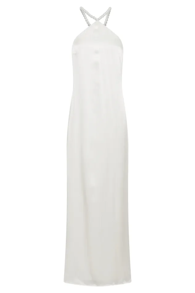 Women Meshki Dresses Blanche Satin Pearl Halter Maxi Dress 8211 White