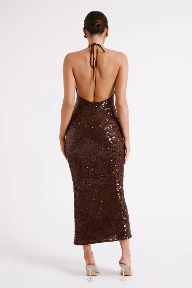 Women Meshki Dresses Brianna Sequin Maxi Dress 8211 Dark Chocolate