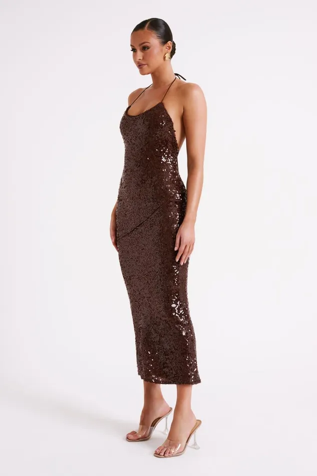 Women Meshki Dresses Brianna Sequin Maxi Dress 8211 Dark Chocolate
