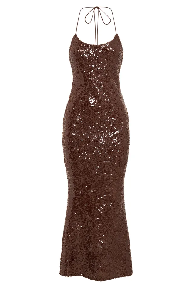 Women Meshki Dresses Brianna Sequin Maxi Dress 8211 Dark Chocolate