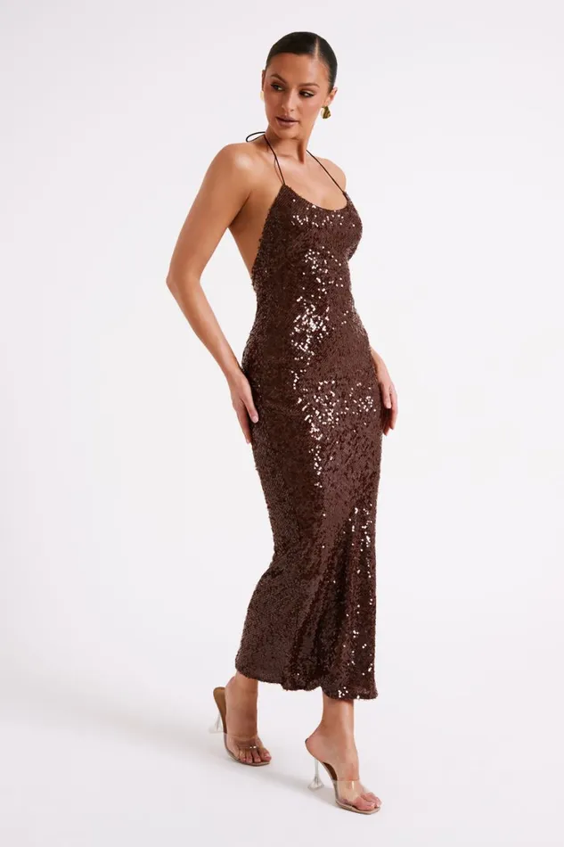 Women Meshki Dresses Brianna Sequin Maxi Dress 8211 Dark Chocolate