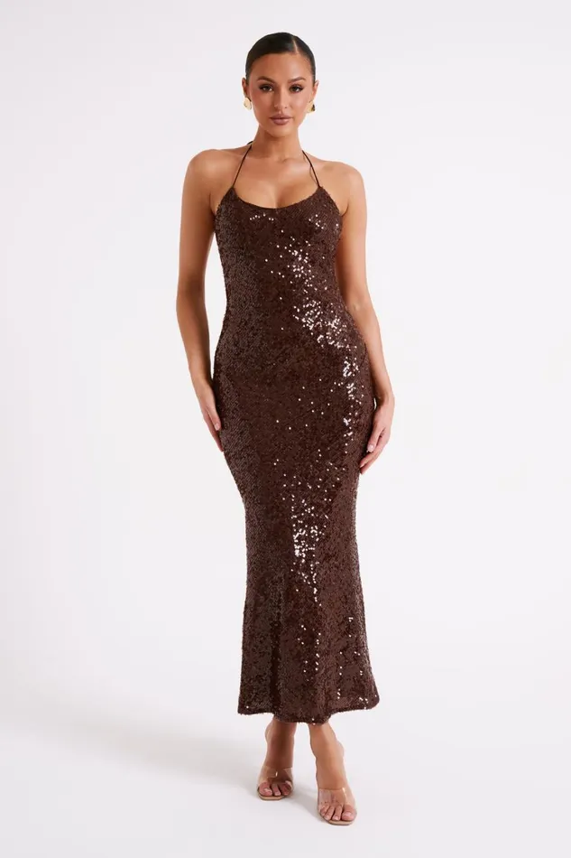 Women Meshki Dresses Brianna Sequin Maxi Dress 8211 Dark Chocolate