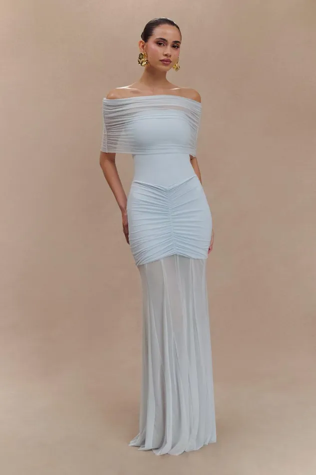 Women Meshki Dresses Caspian Slinky And Mesh Off Shoulder Maxi Dress 8211 Pale Blue Women Meshki Dresses Caspian Slinky And Mesh Off Shoulder Maxi Dress 8211 Pale Blue