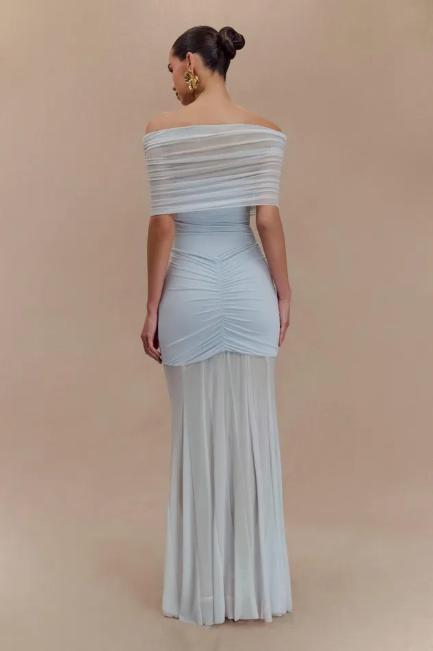 Women Meshki Dresses Caspian Slinky And Mesh Off Shoulder Maxi Dress 8211 Pale Blue