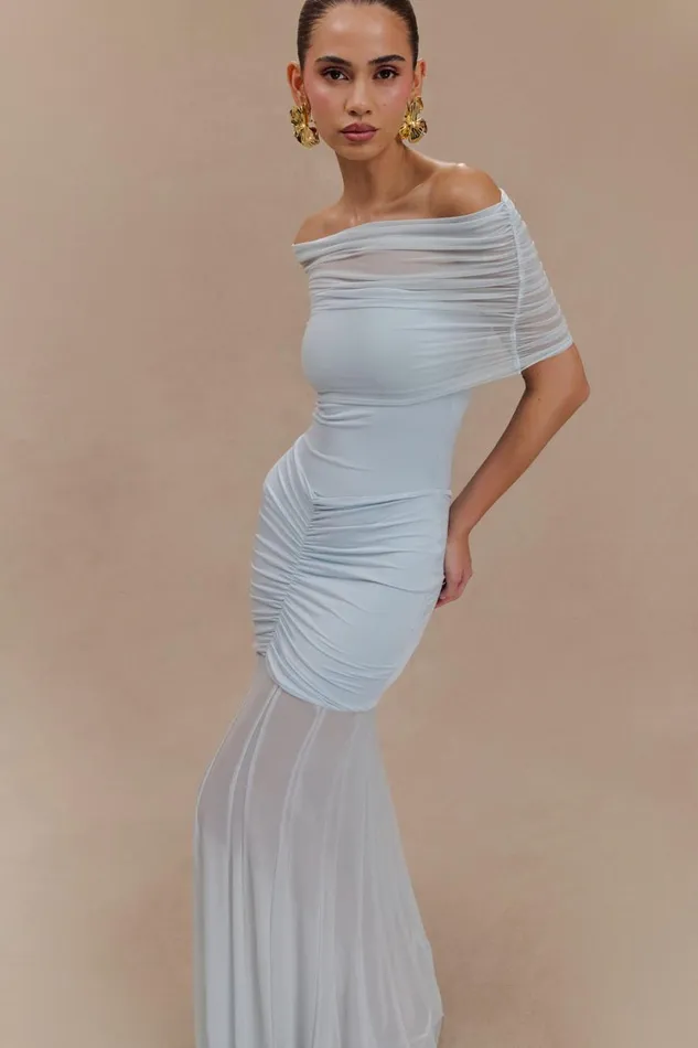 Women Meshki Dresses Caspian Slinky And Mesh Off Shoulder Maxi Dress 8211 Pale Blue