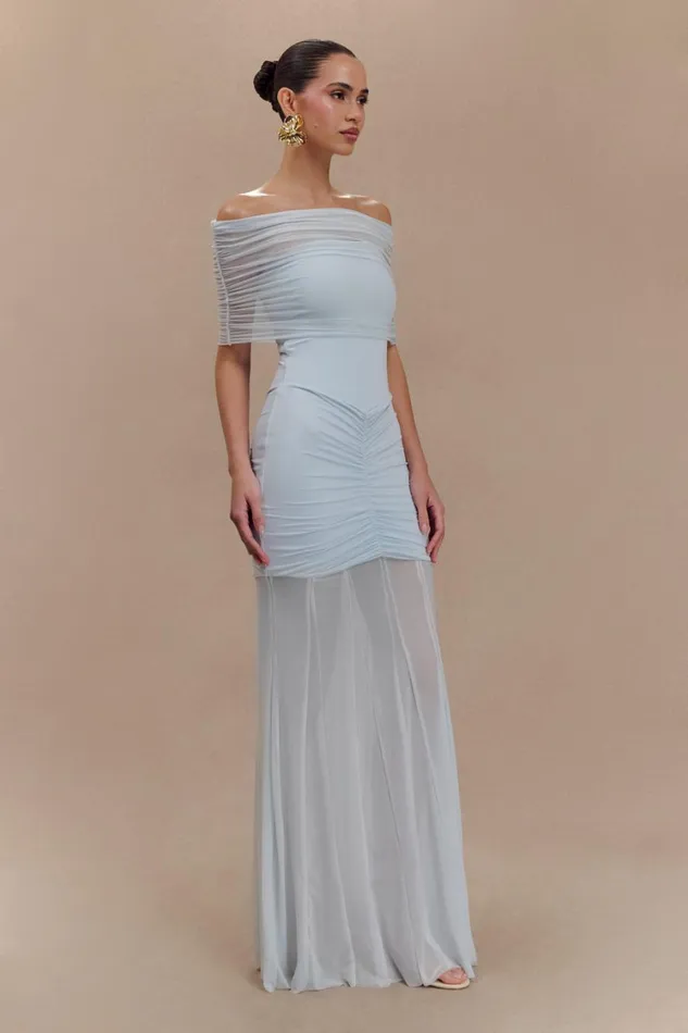 Women Meshki Dresses Caspian Slinky And Mesh Off Shoulder Maxi Dress 8211 Pale Blue