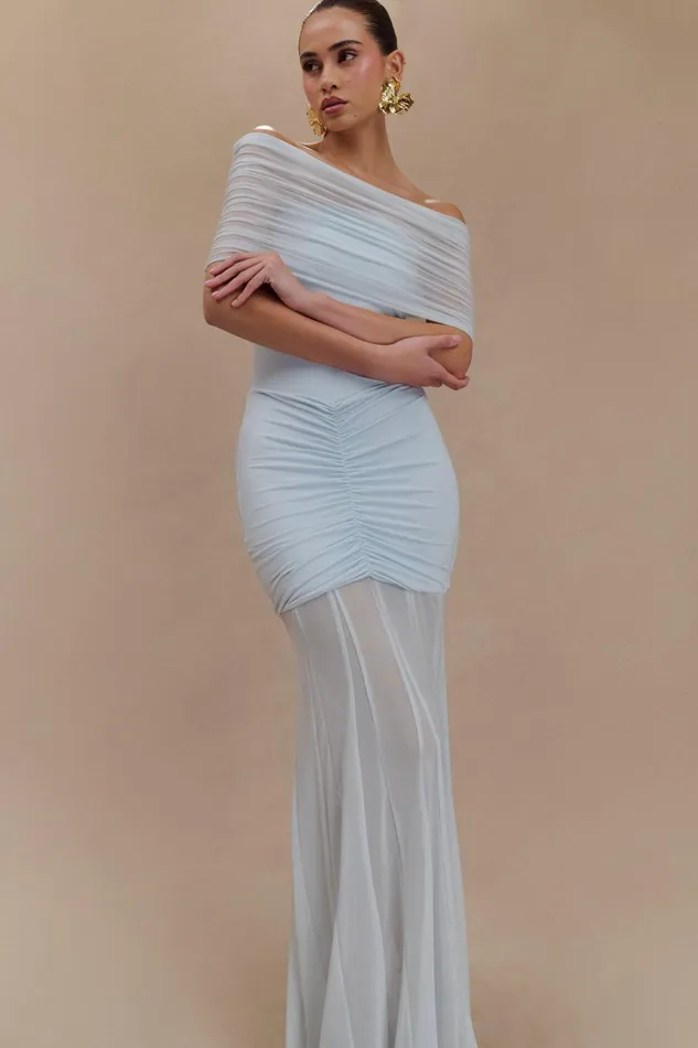 Women Meshki Dresses Caspian Slinky And Mesh Off Shoulder Maxi Dress 8211 Pale Blue