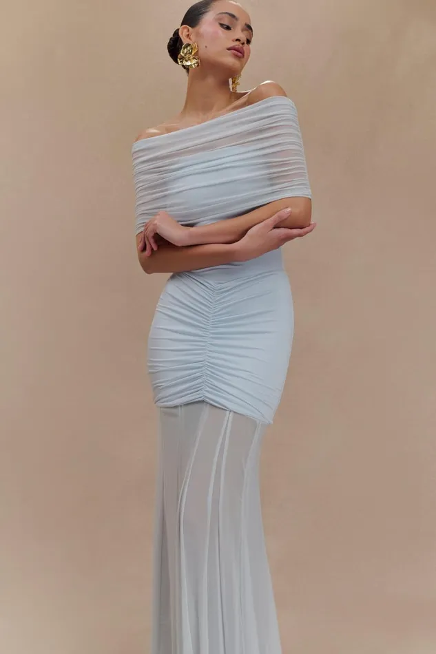 Women Meshki Dresses Caspian Slinky And Mesh Off Shoulder Maxi Dress 8211 Pale Blue