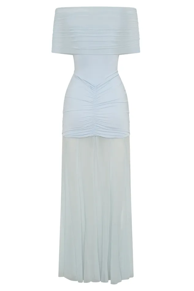 Women Meshki Dresses Caspian Slinky And Mesh Off Shoulder Maxi Dress 8211 Pale Blue