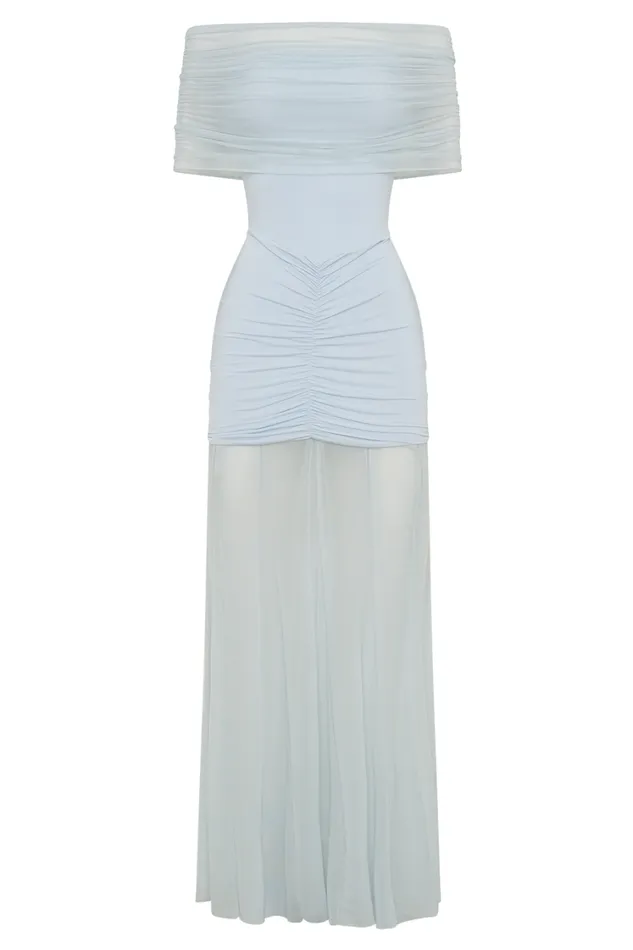 Women Meshki Dresses Caspian Slinky And Mesh Off Shoulder Maxi Dress 8211 Pale Blue