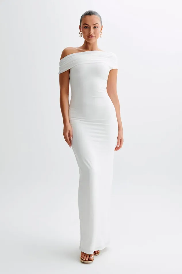 Women Meshki Dresses Cassandra Off Shoulder Slinky Maxi Dress 8211 White