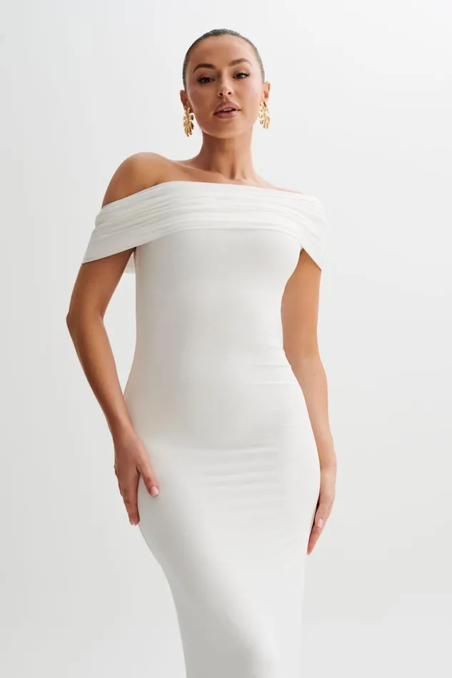 Women Meshki Dresses Cassandra Off Shoulder Slinky Maxi Dress 8211 White
