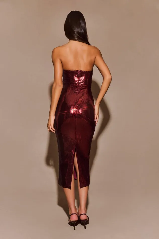 Women Meshki Dresses Cassia Strapless Sequin Rose Midi Dress 8211 Mahogany