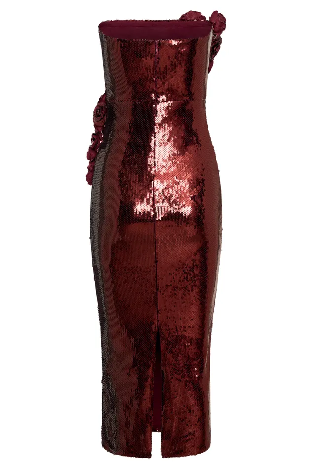 Women Meshki Dresses Cassia Strapless Sequin Rose Midi Dress 8211 Mahogany