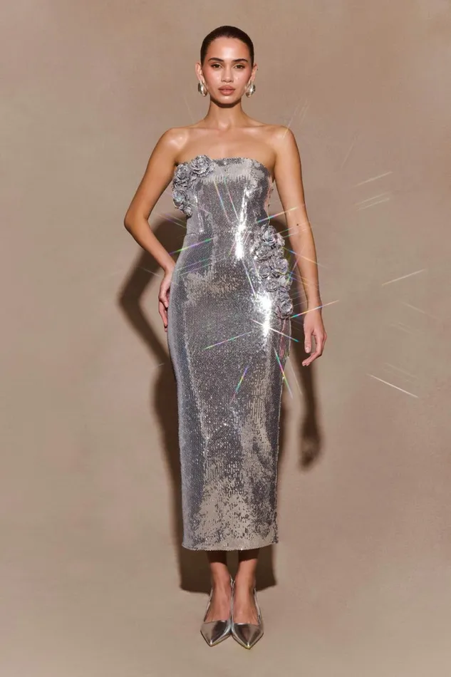 Women Meshki Dresses Cassia Strapless Sequin Rose Midi Dress 8211 Silver