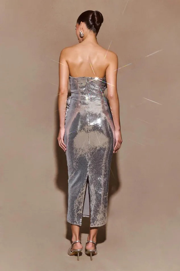 Women Meshki Dresses Cassia Strapless Sequin Rose Midi Dress 8211 Silver