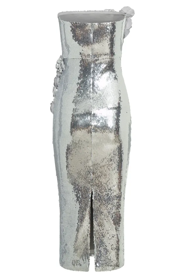 Women Meshki Dresses Cassia Strapless Sequin Rose Midi Dress 8211 Silver