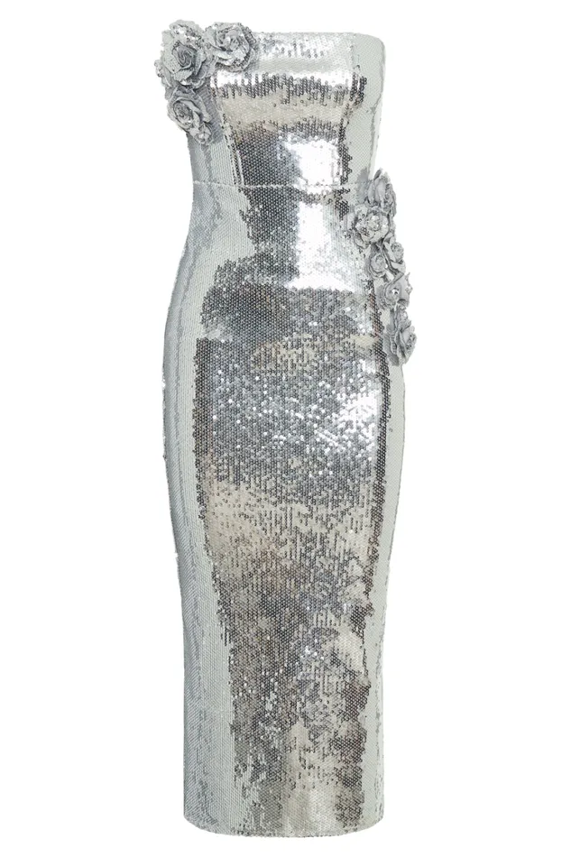 Women Meshki Dresses Cassia Strapless Sequin Rose Midi Dress 8211 Silver