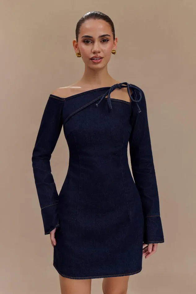 Women Meshki Dresses Cece Denim Mini Dress With Ties 8211 Indigo Blue