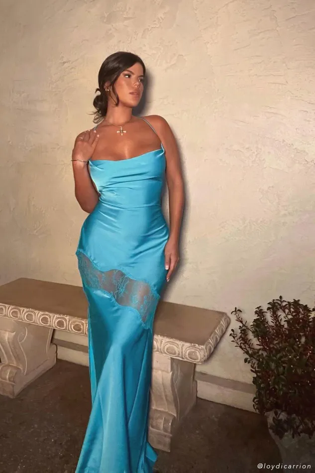 Women Meshki Dresses Chandra Lace Detail Satin Maxi Dress 8211 Aquamarine