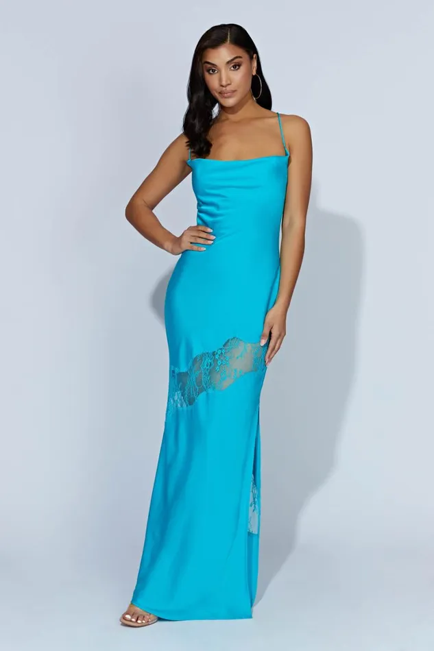 Women Meshki Dresses Chandra Lace Detail Satin Maxi Dress 8211 Aquamarine