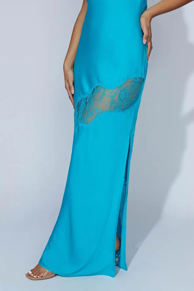 Women Meshki Dresses Chandra Lace Detail Satin Maxi Dress 8211 Aquamarine