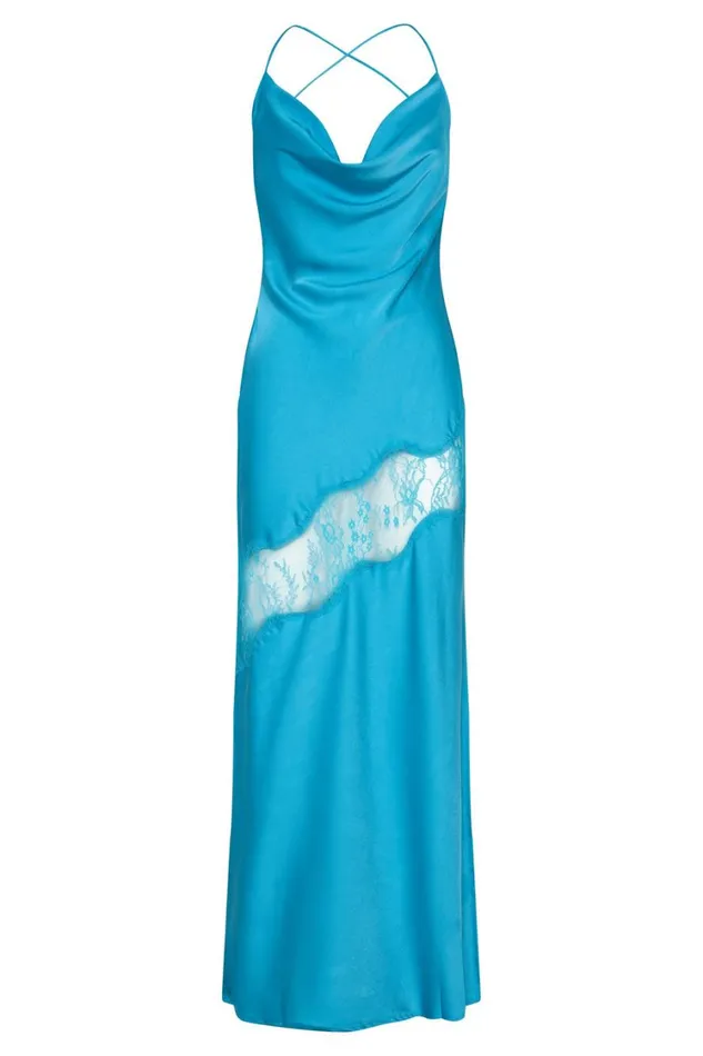 Women Meshki Dresses Chandra Lace Detail Satin Maxi Dress 8211 Aquamarine