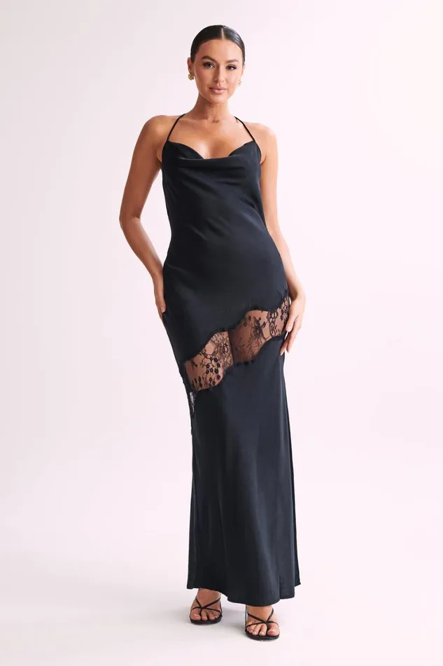 Women Meshki Dresses Chandra Lace Detail Satin Maxi Dress 8211 Black