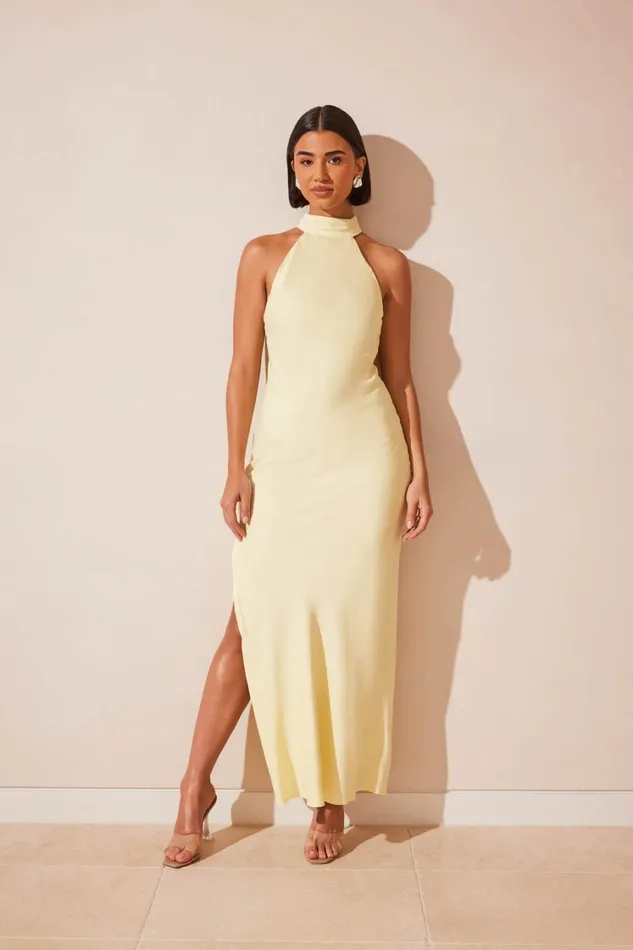 Women Meshki Dresses Claire Matte Satin Drape Back Maxi Dress 8211 Light Yellow